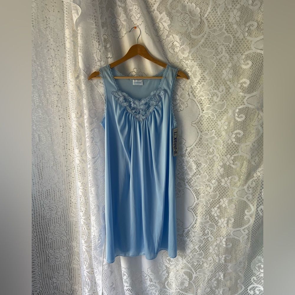Vintage Lorraine Blue Nylon Nightgown Deadstock Lace Trim Sleeveless Lingerie - Picture 2 of 10